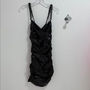 Black Ruched Dress with Beaded Straps